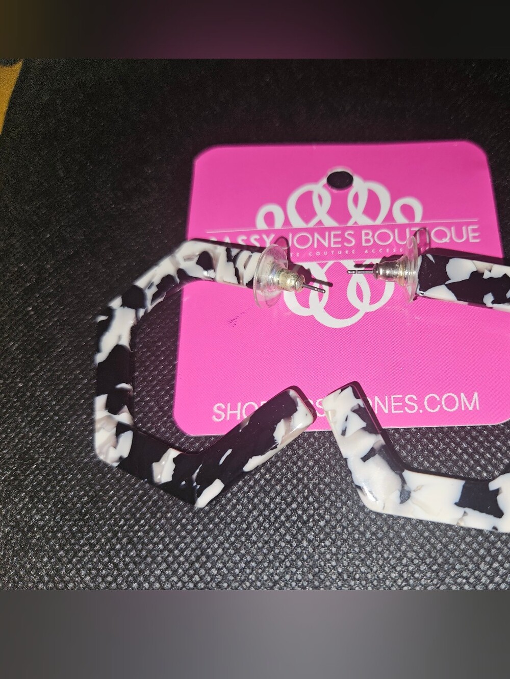 Sassy Jones Black & White Marbled Hexagon Hoop Earrings